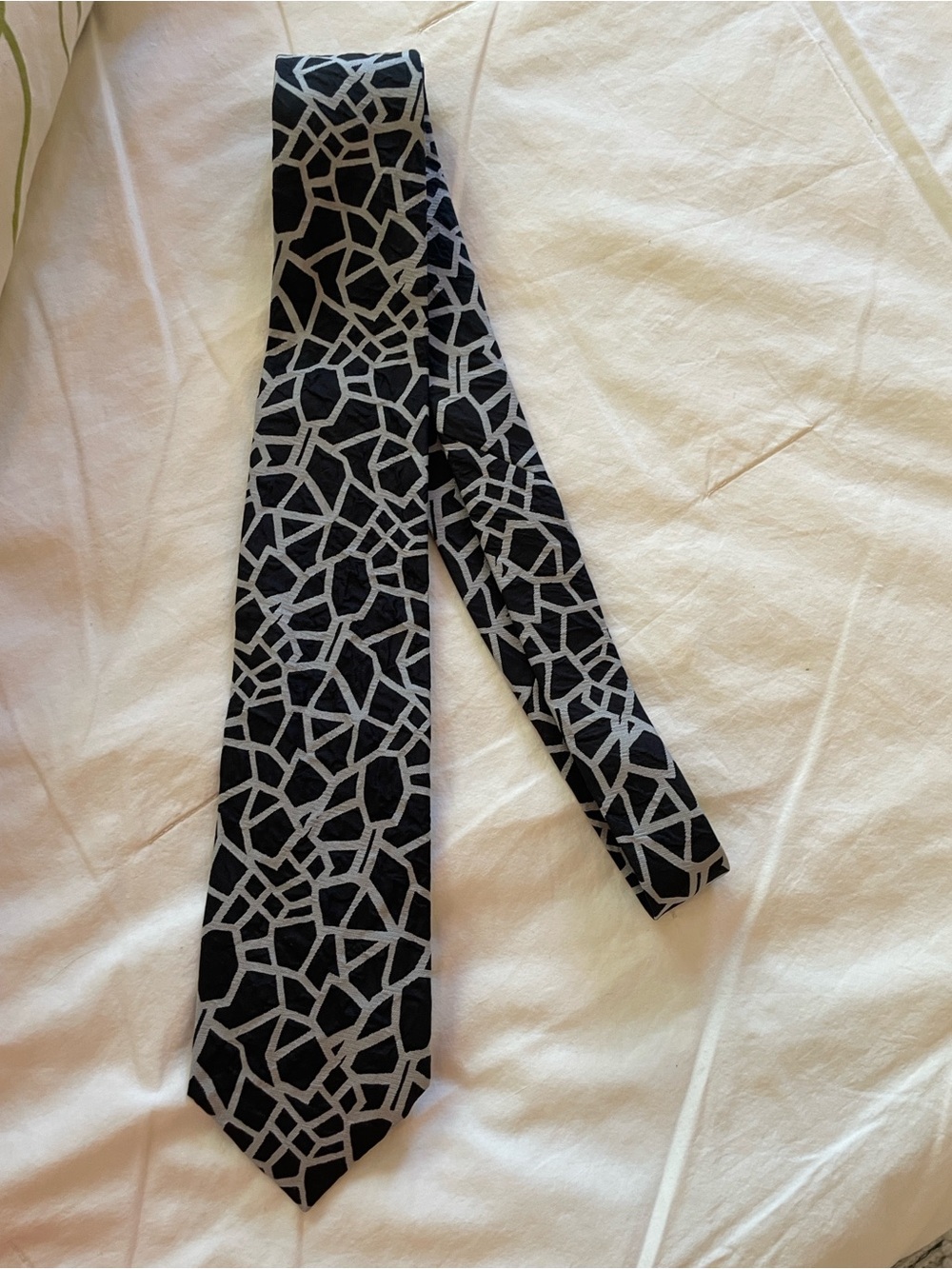 Issey Miyake Black Tie with Silver Geometric Pattern